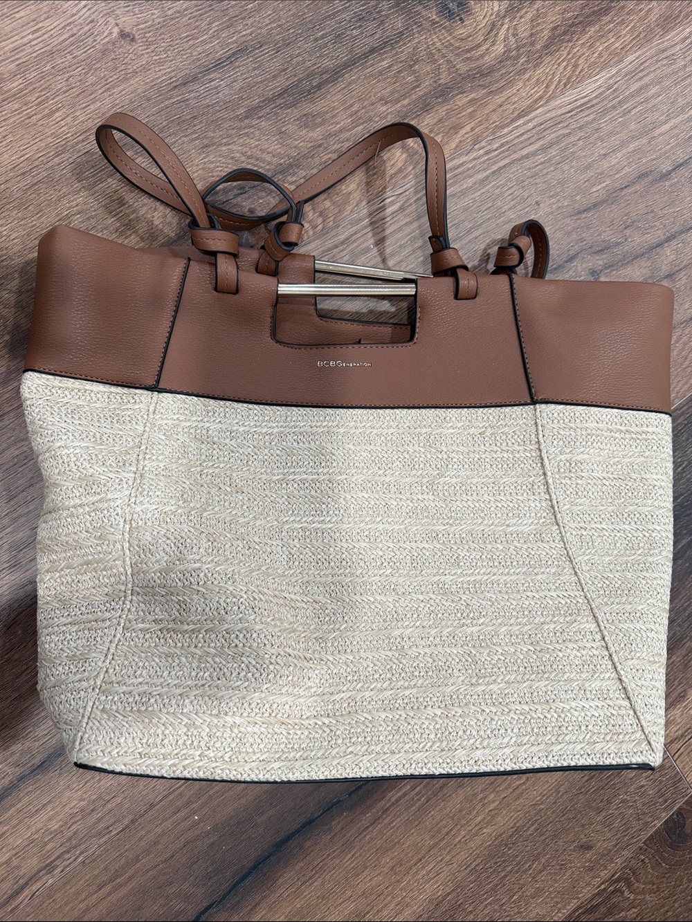 BCBGeneration Brown & Cream Straw Tote Bag with gold double Top Handle-woven
